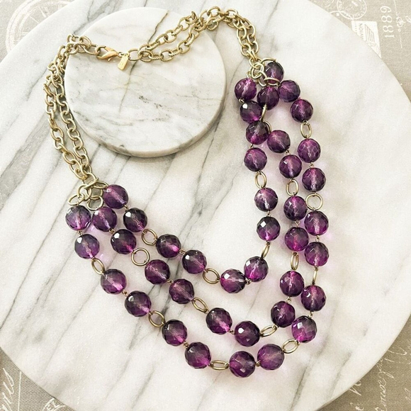 Kenneth Jay Lane Necklace Purple Glass Beaded Gold Toned Metal